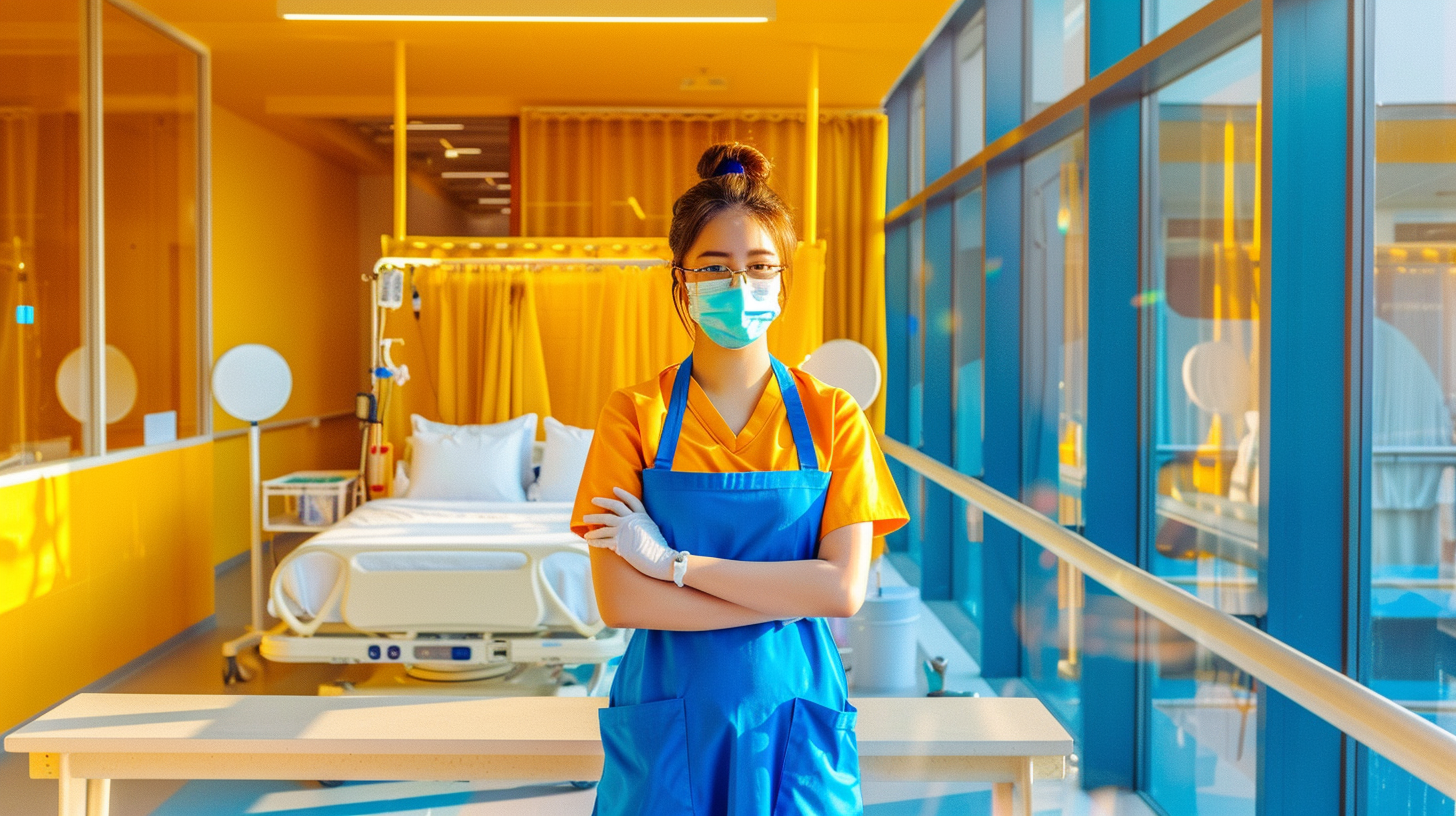 ممرضة اثناء تأدية عملها من داخل المستشفى بلون ازرق واصفر