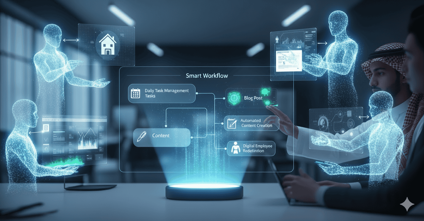 تظهر الصورة شابًا سعوديًا يرتدي الثوب والشماغ، وهو يتفاعل مع واجهة رقمية مستقبلية ثلاثية الأبعاد، تطفو في الهواء أمامه، تعرض مهامًا معقدة يتم إنجازها آليًا بواسطة وكلاء الذكاء الاصطناعي (AI Agents).